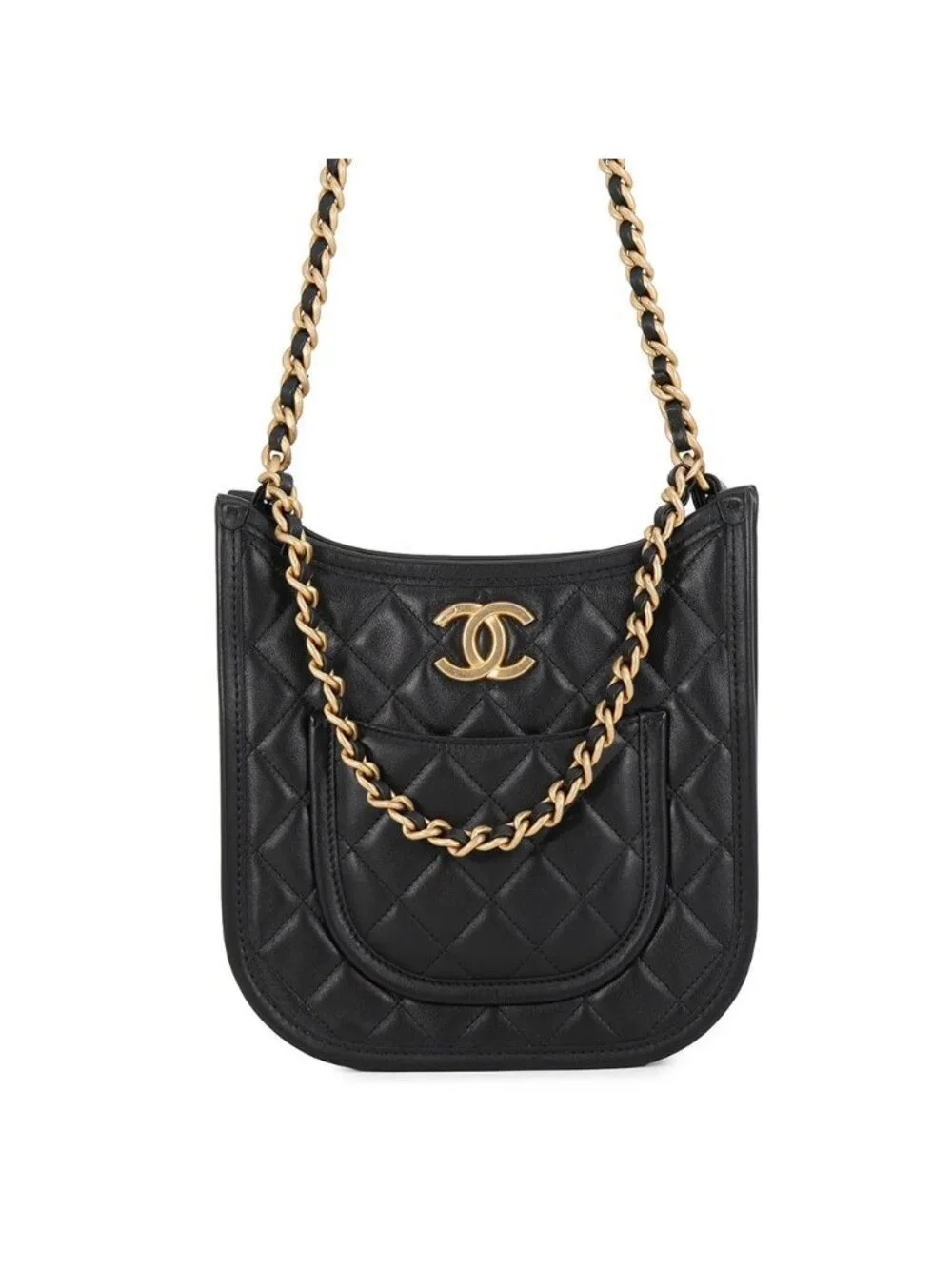 Chanel Chain Shoulder Bag Quilted CC Logo Hobo Lambskin 2-Way Black